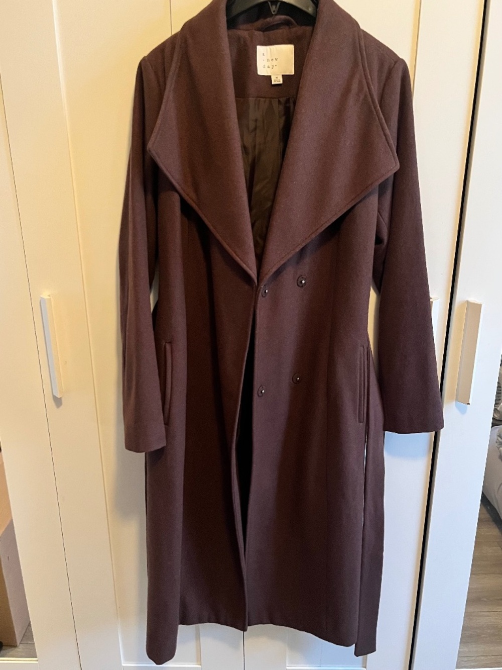 66% wool coat, brown, medium